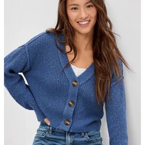 American Eagle Cropped Cardigan Size XL Blue Ribbed Long Sleeve V Neck Sweater